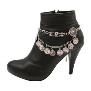 Women Silver Metal Boot Chain Bracelet Shoe Anklet Coin Wave Flower Charm SET